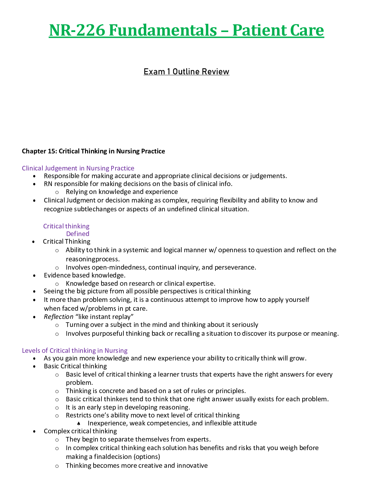 Preview of NR226 / NR-226 Exam 1 Outline Review  : Fundamentals [Patient Care] - Chamberlain
